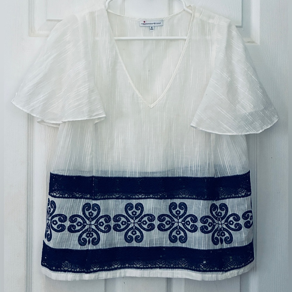 Christopher & Banks White Blouse with Navy Embroidery